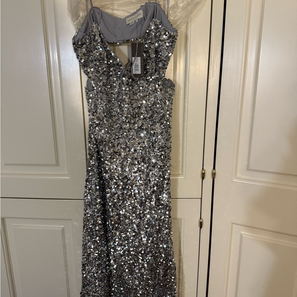 Sachin + Babi Silver Sequin Halter Gown